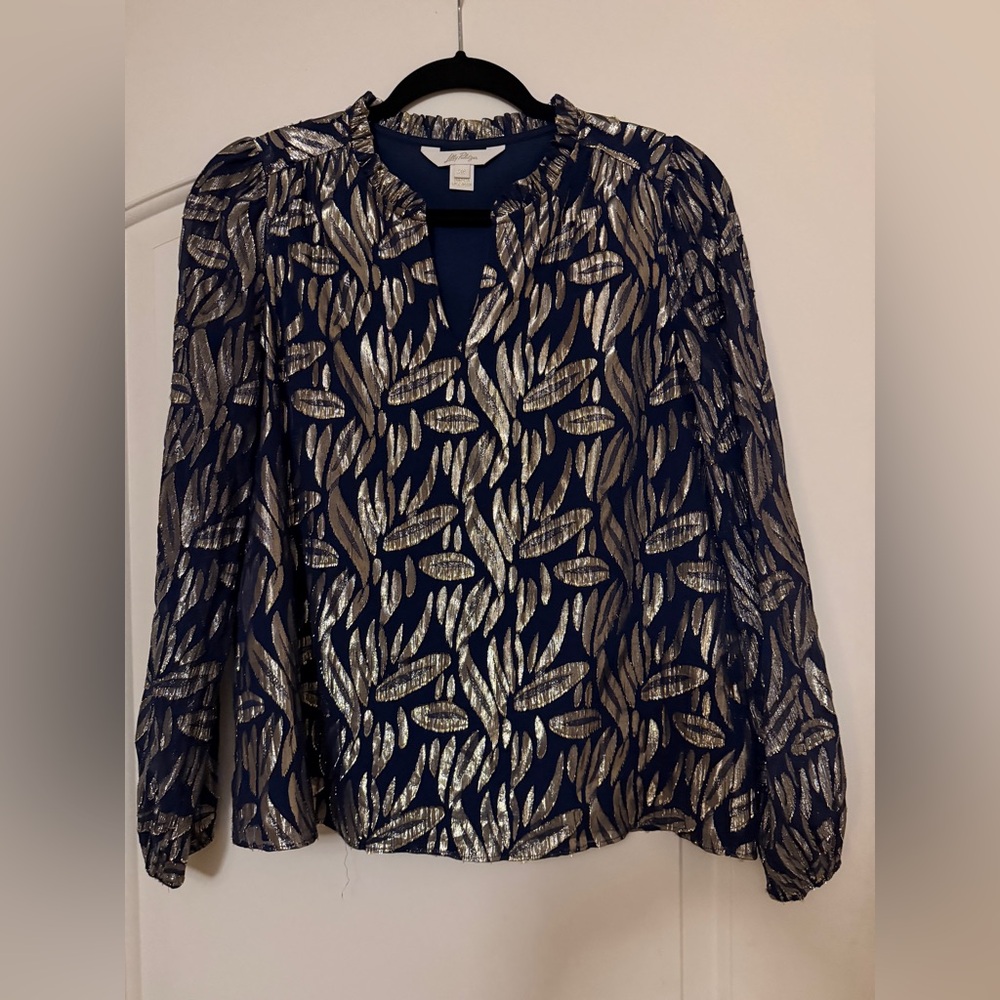 Lilly Pulitzer Giana Long Sleeve Navy Blouse with Metallic Gold Leaf Print